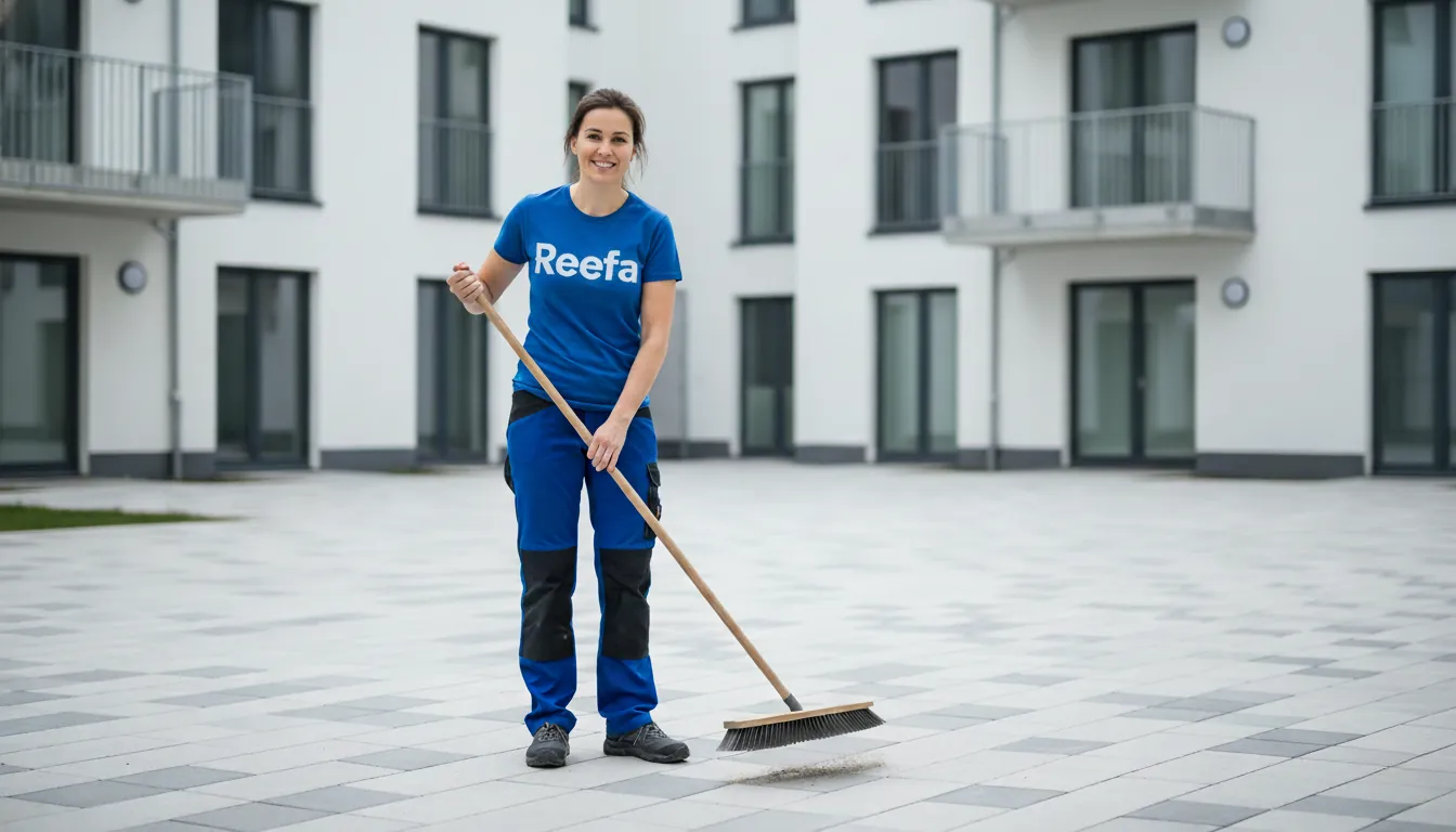 Pracownica Reefa w niebieskiej koszuli zamiata podwórko na nowoczesnym osiedlu — sprzątanie wspólnot mieszkaniowych Kraków