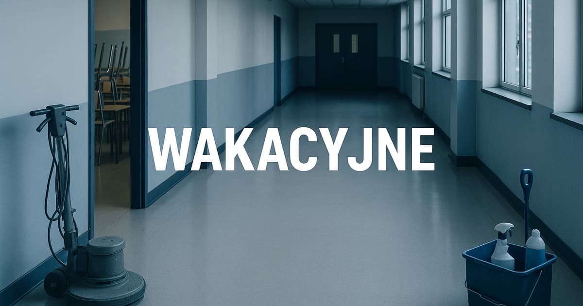 Pusty korytarz szkolny w wakacje — maszyna do doczyszczania posadzek