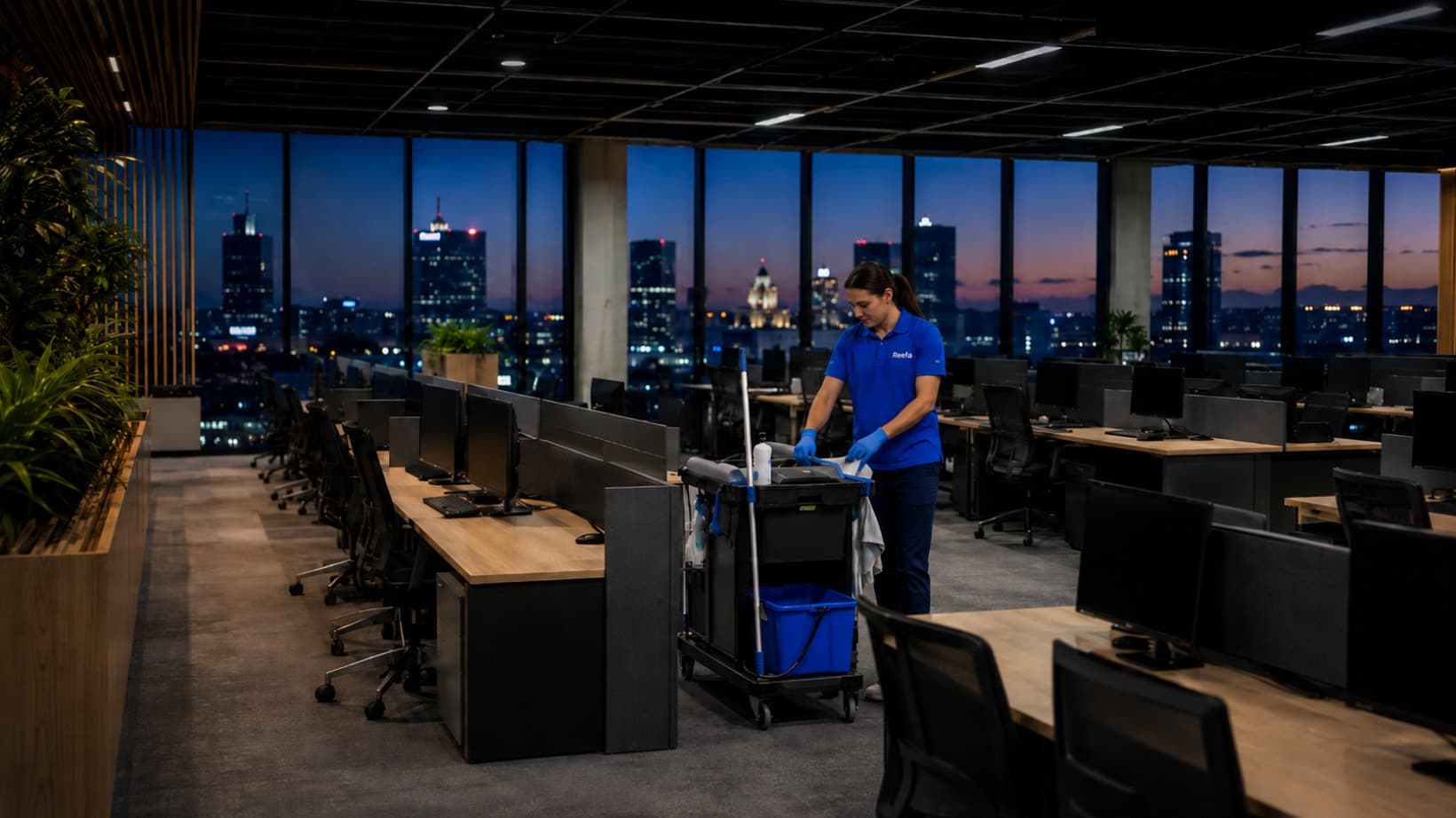 Reefa sprząta open-space biura BPO o zmierzchu