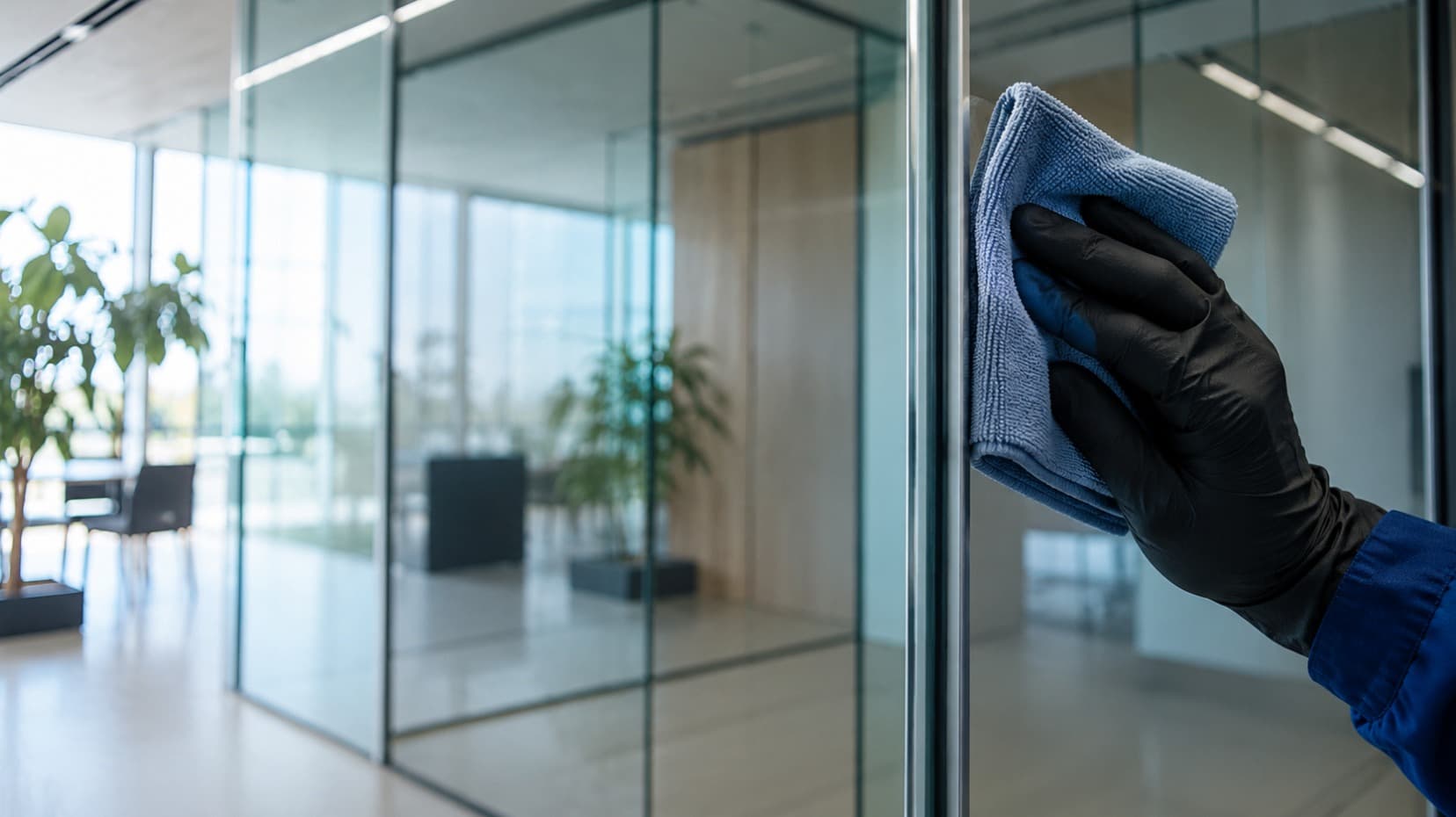 Streak-free glass partition wiped by a Reefa cleaner