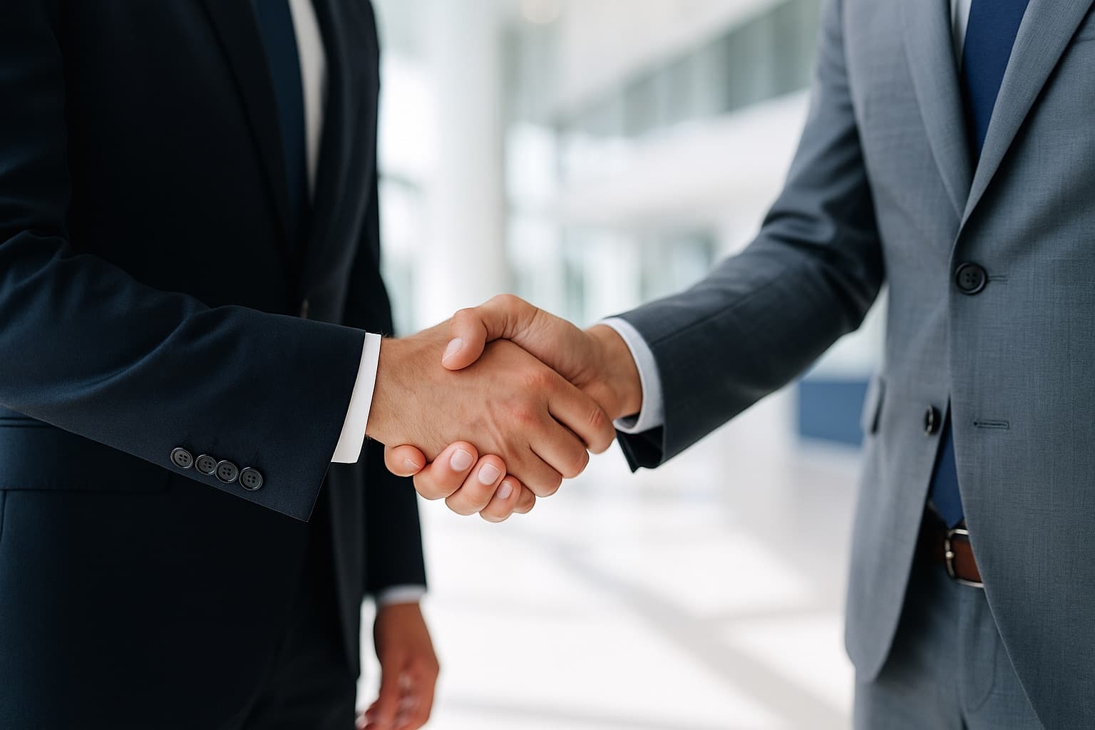 Uścisk dłoni partnerów biznesowych w jasnym biurze — program poleceń Reefa
