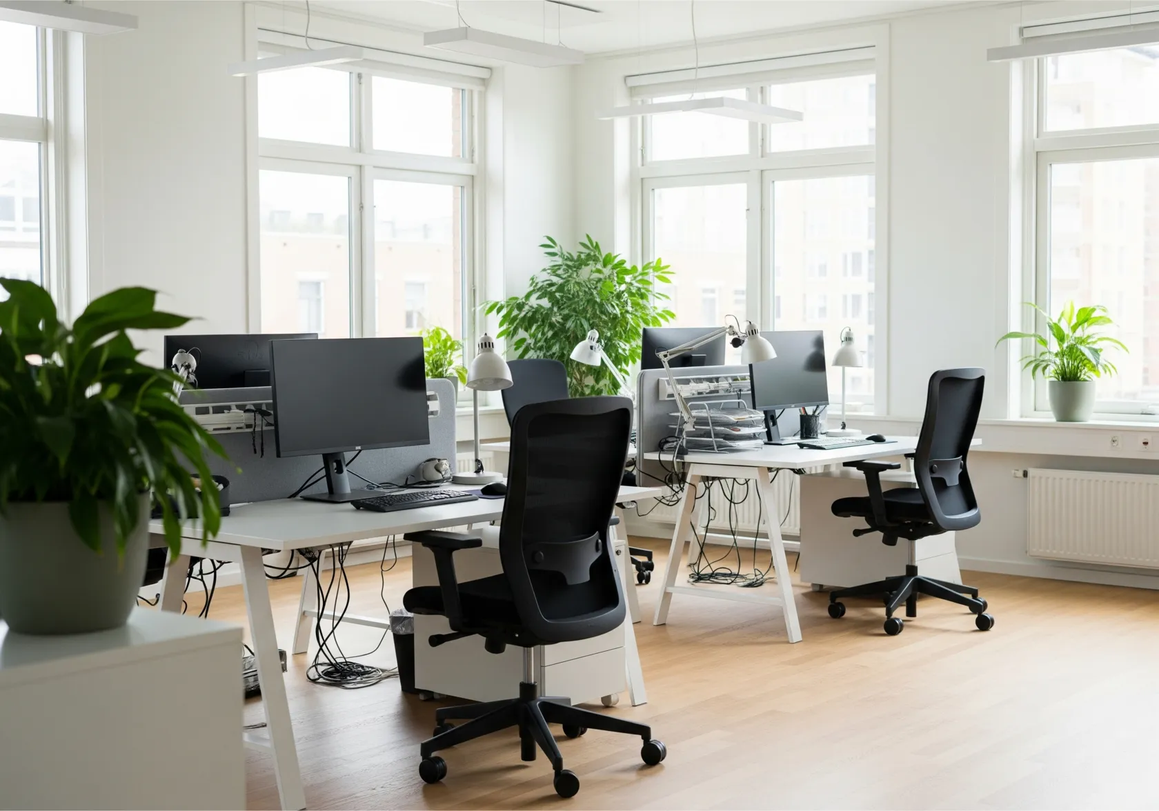 Czyste, nowoczesne biuro z dużą ilością roślin — sprzątanie biur Kraków Reefa