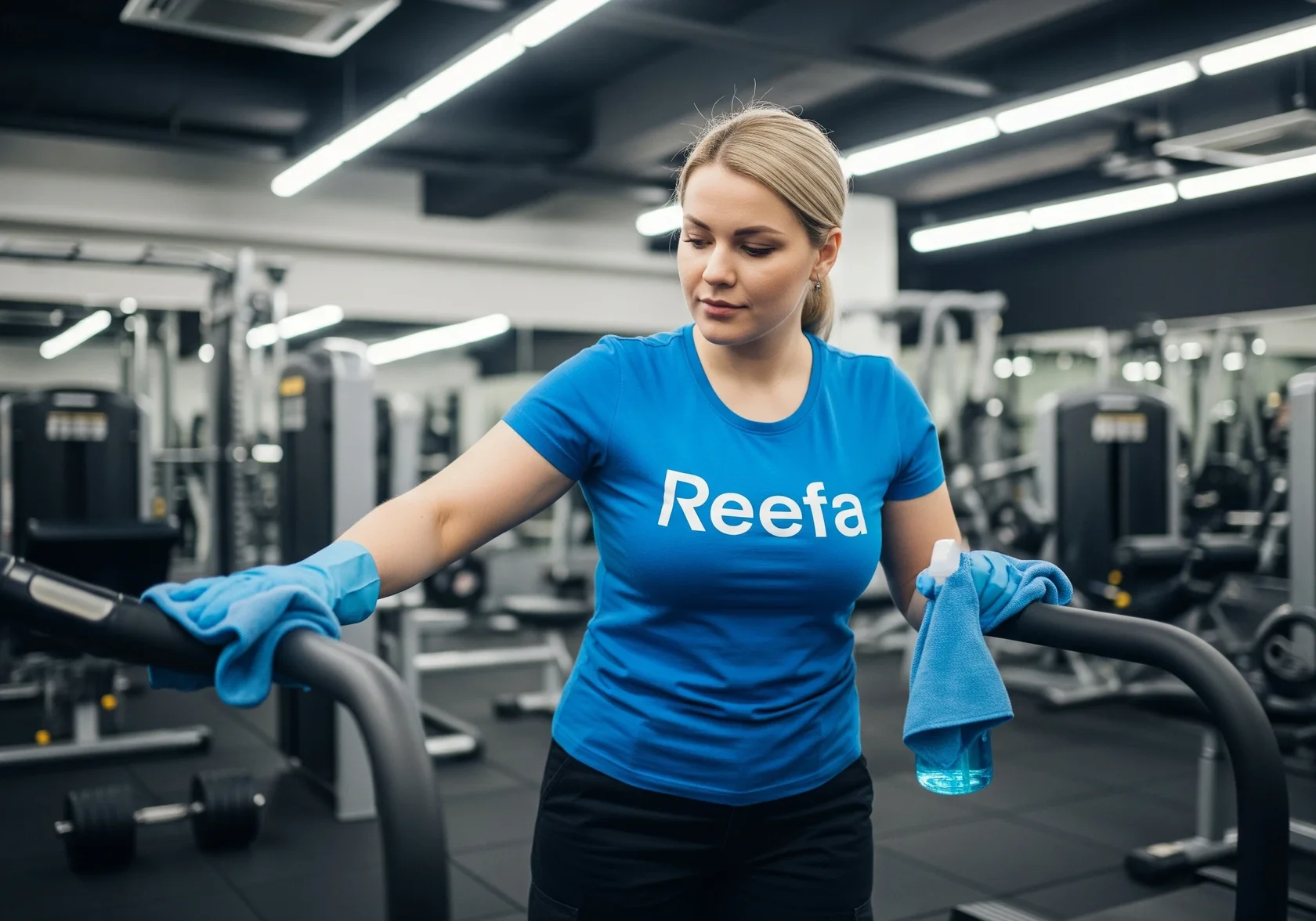 Pracownica Reefa sprząta siłownię — profesjonalne sprzątanie klubów fitness Kraków