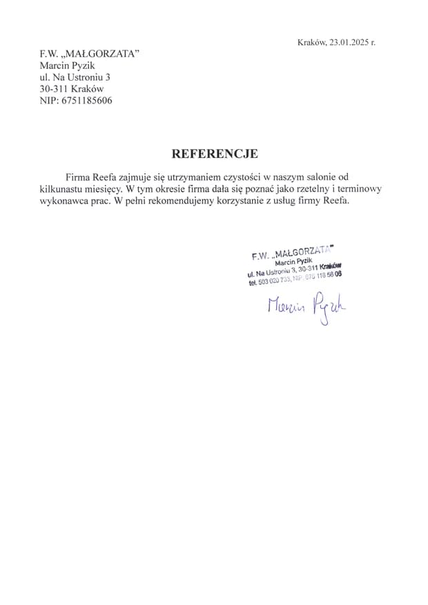 F.W. „Małgorzata” — reference letter for the Reefa cleaning company (scanned PDF)