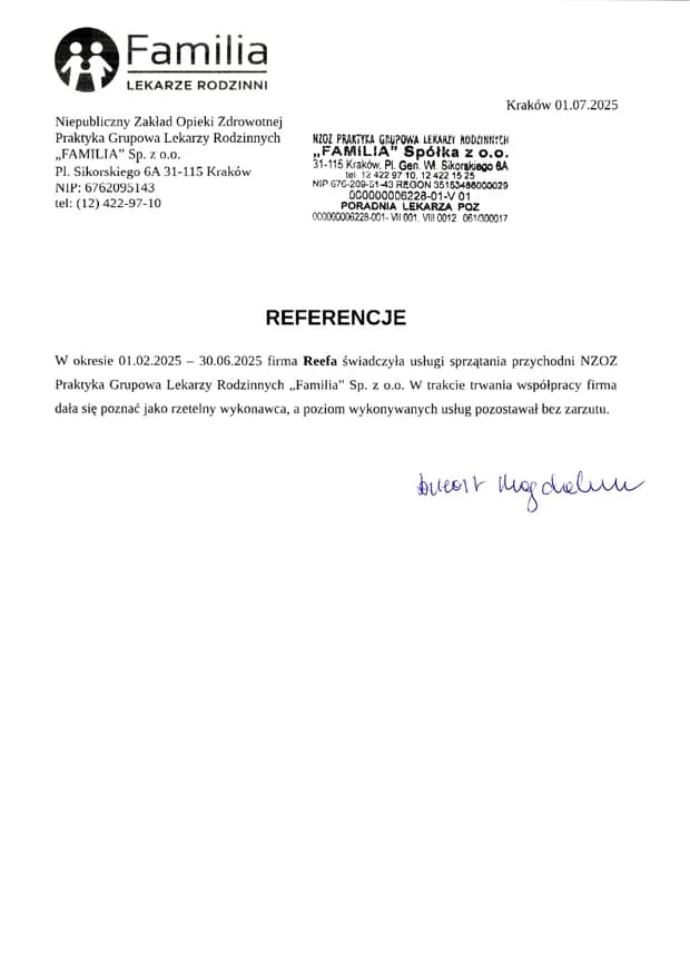 NZOZ „Familia” Sp. z o.o. — reference letter for the Reefa cleaning company (scanned PDF)