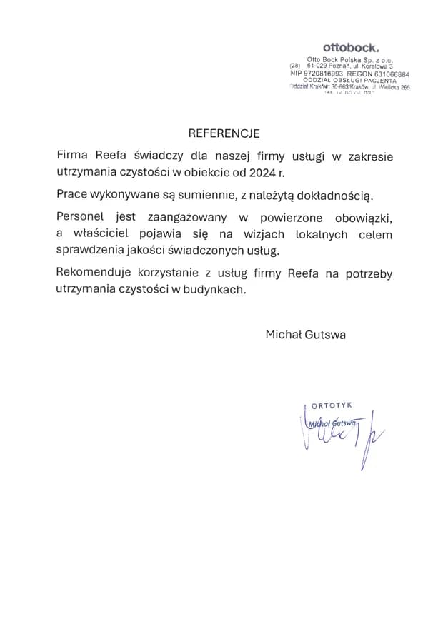 Otto Bock Polska Sp. z o.o. — reference letter for the Reefa cleaning company (scanned PDF)